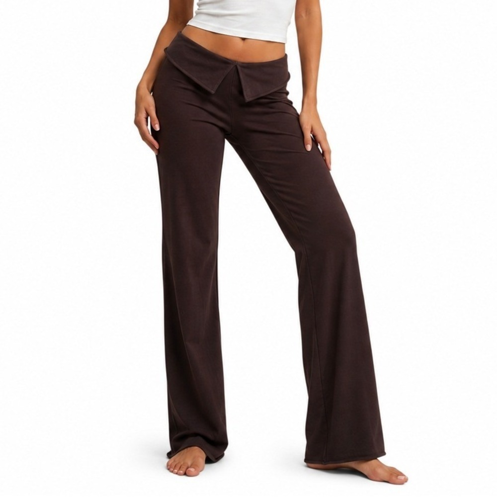 Y2K Mossimo Flare Pants Women Small Brown Fold Over Waist Yoga Retro 2000s Style